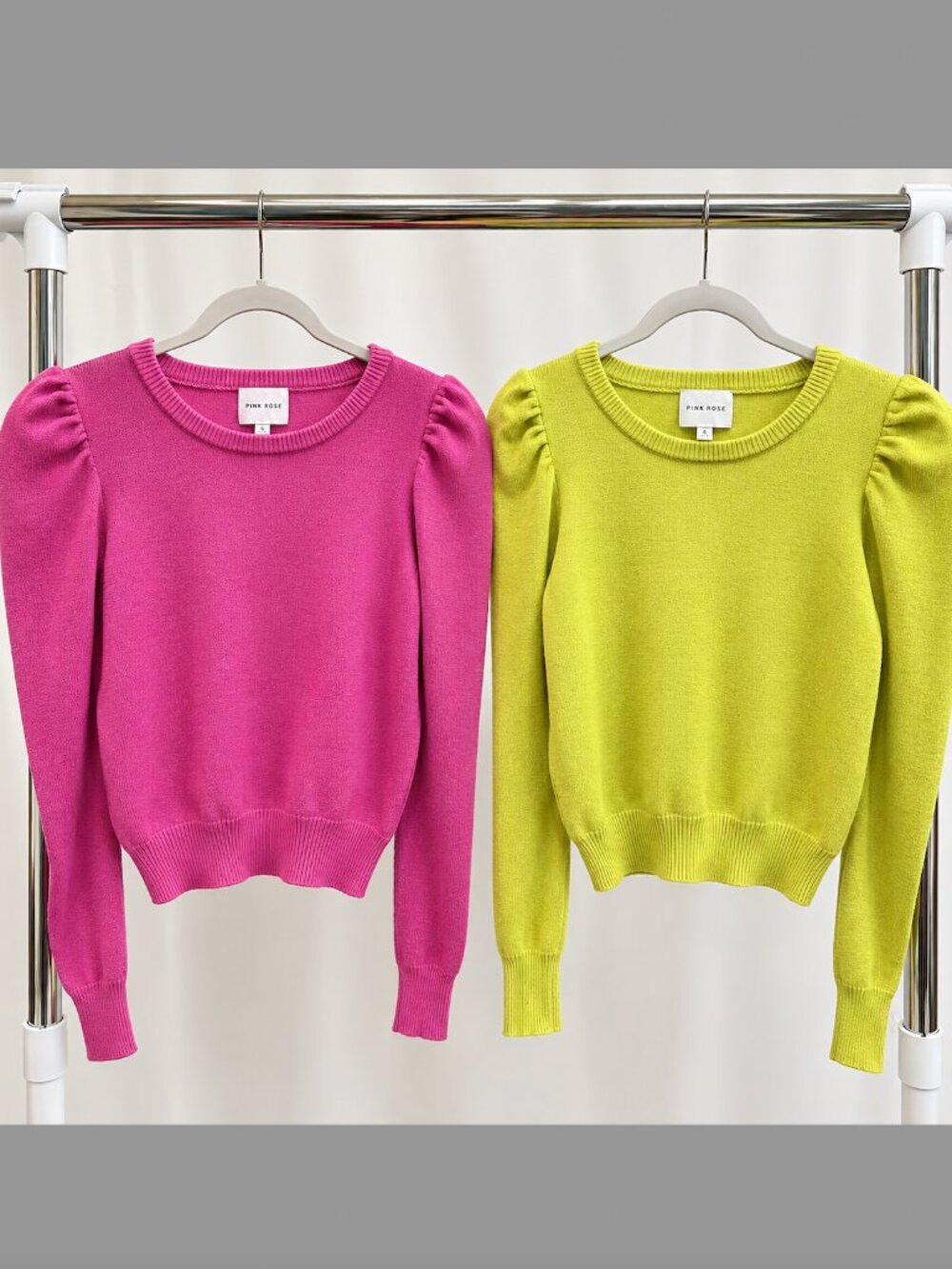 2 Pink Rose Puff Sleeve Sweaters S | Muted Berry Pink + Lime Green | Bundle